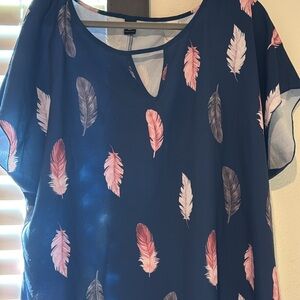 SHEIN Navy Blouse with Pink & Gray Feather Print